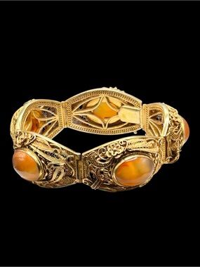 Vintage Chinese Export Filigree Carnelian Silver Vermeil Panel Bracelet